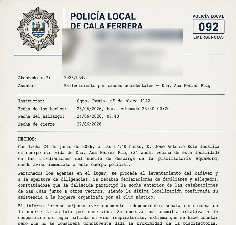 Atestado de cierre n.º 2026/0347 de la Policía Local de Cala Ferrera